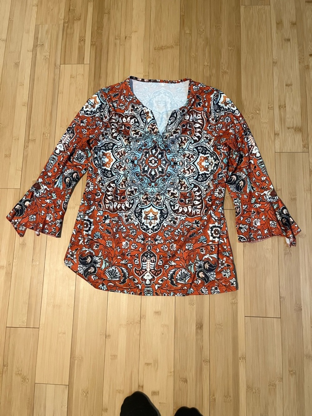 Women's Orange Medallion Print Split-Neck Top